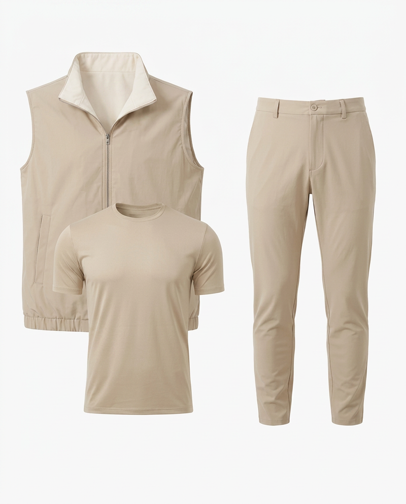 The Beige Ensemble · Gilet, Layer & Trouser